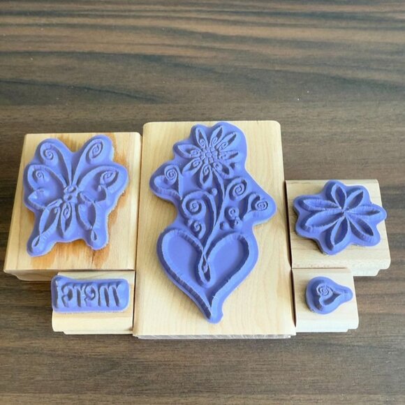 Stampin Up! Merci Butterfly & Flower Rubber Stamp Set Of 5 With Wooden Blocks Cr - Picture 7 of 9